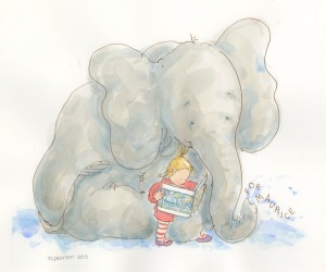 Gracie reading Where The Wild Things Are to Elephant-original watercolor for The Sendak Memorial at the 19th Annual Children's Book Silent Auction-Supporting Free Speech Rights for Young Readers May 29 at Book Expo America