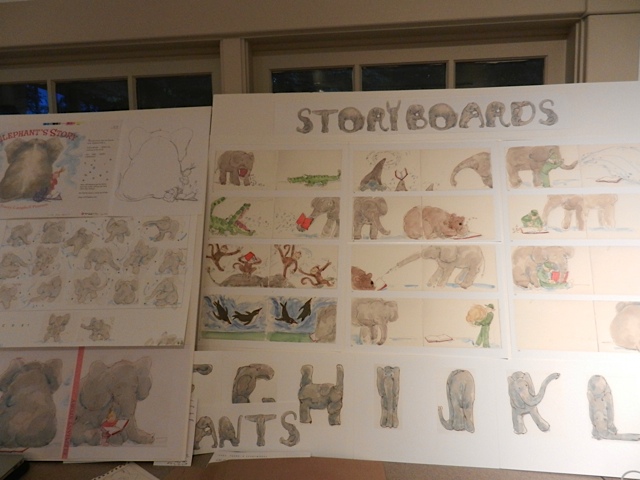 Getting ready...Brooks Memorial Library Art Show...scattered Elephant art on boards in studio-2